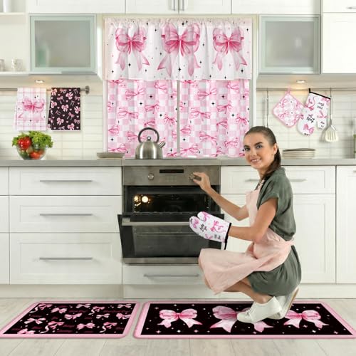 13-Piece Pink Bow Kitchen Decor Set: Towels, Rugs, Curtains & Oven Mitts
