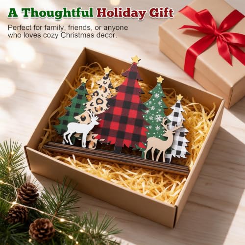 GJNGKSIM Wooden Christmas Tree & Reindeer Sign - Indoor Holiday Decor for Mantel or Shelf