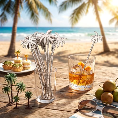 LemonRoad 10 Pcs Coconut Palm Stainless Steel Coffee Stir Sticks Reusable Cocktail & Beverage Stirrer Set