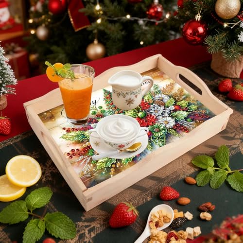 DIY Diamond Serving Tray Christmas Flowers - Handmade Wooden Breakfast Tray with Handles