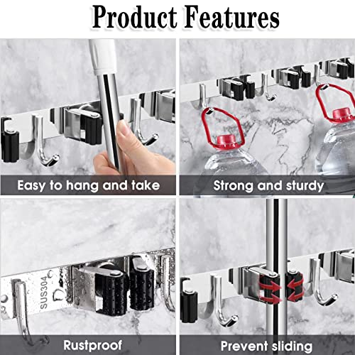 Stainless Steel Broom Holder Wall Mount with 5 Racks and 4 Hooks
