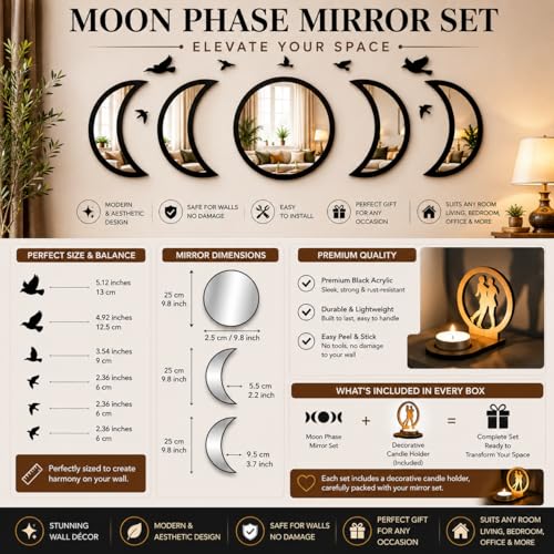 Moon Phase Mirror Wall Decor Set with Birds - Gothic Boho Wall Art