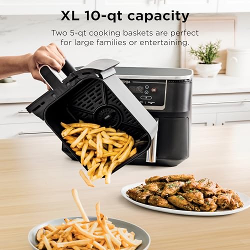 10 Qt Dual Zone Air Fryer with 2 Baskets - 6-in-1 Electric Cooker, Black