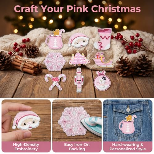 HEYTRCO 9PCS Pink Christmas Embroidered Iron-On Patches - Holiday Decor