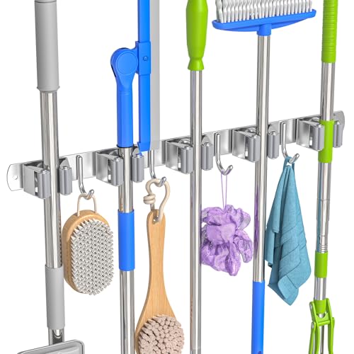 Stainless Steel Broom Holder Wall Mount Mop Organizer with 5 Racks and 4 Hooks