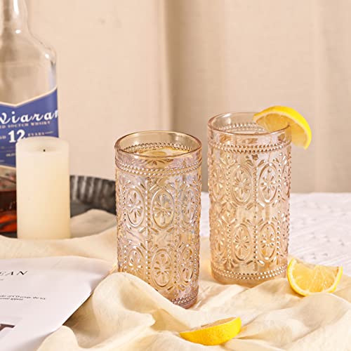 Amber 12oz Vintage Highball Glasses Set of 4 | Heavy-Duty Lead-Free Drinking Glassware