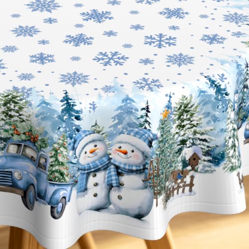 Blue Snowman Round Christmas Tablecloth 60x60 Inch Waterproof Holiday Decor