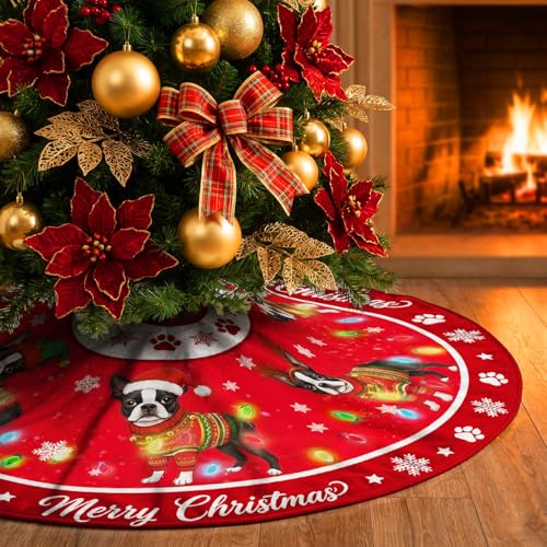 Boston Terrier Christmas Tree Skirt 48 Inch Holiday Decor for Indoor & Outdoor
