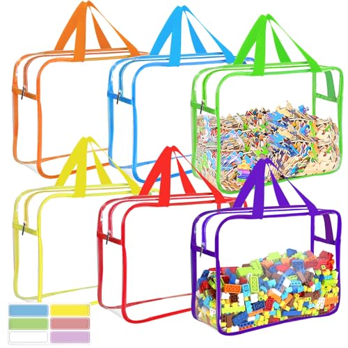 6 Pack Large Clear Toy Storage Bags with Labels & Handles for Kids Toys
