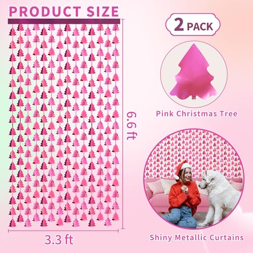Pink Christmas Foil Fringe Curtain 2-Pack 3.3x6.6ft Backdrop for Photo Booth