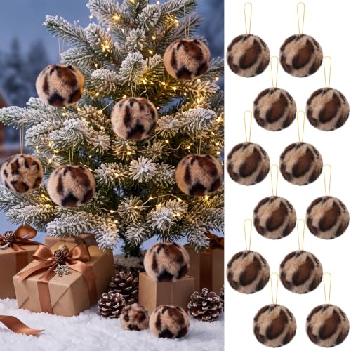 Leopard Print Christmas Ornaments - Faux Fur Balls for Holiday Decor, 2.3 Inches, Set of 12
