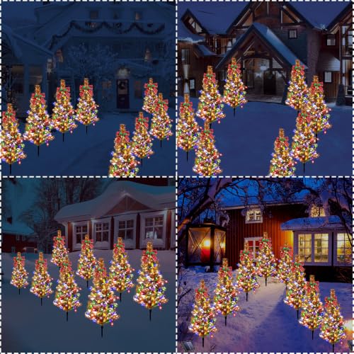 LSHXINXX 8 Pack Outdoor Solar Christmas Tree Lights with Bows, 160 LED Multi-Color Modes