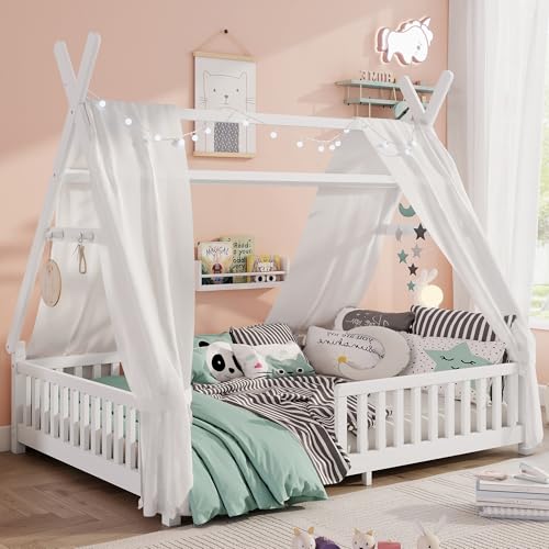 Full Size Montessori Floor Bed Frame with LED Light and Safety Rails