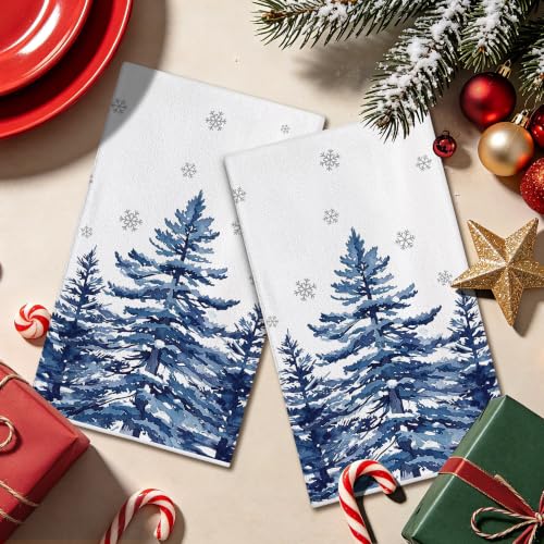 Bonsai Tree Christmas Kitchen Towels 18x28in - Blue Pine Tree Design (2-Pack)