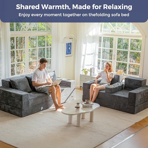 64-Inch Foldable Loveseat Sofa Bed with Cup Holders, Grey Corded Fabric