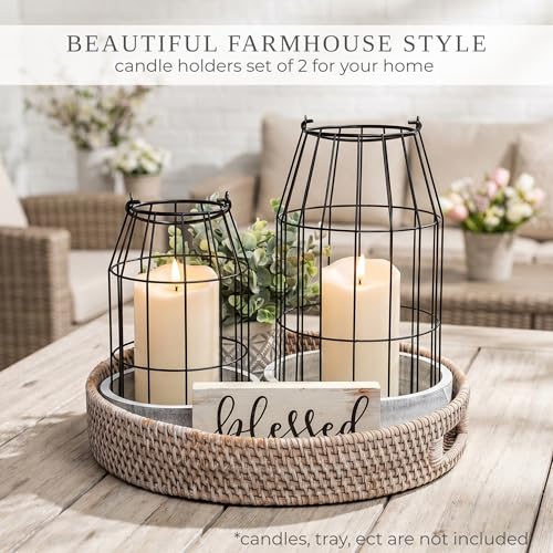 Rustic Farmhouse Lantern Set of 2 - Decorative Candle Holders