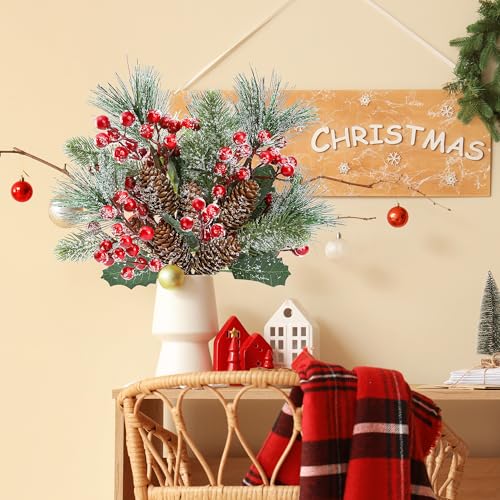 Sggvecsy 6 Pack Frosted Christmas Red Berry Pine Branches with Pine Cones - Green Variant