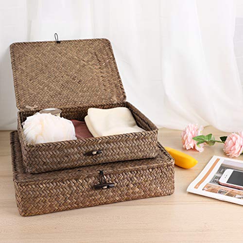 Set of 2 Woven Seagrass Storage Bins with Lids Coffee Flat Baskets