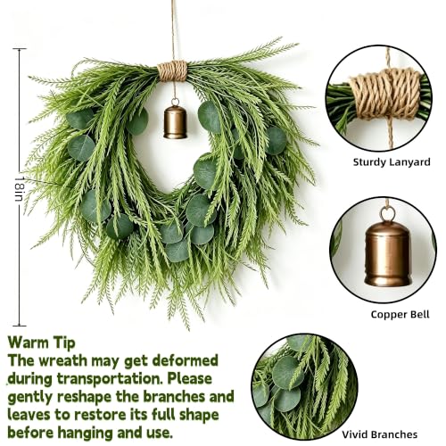18-Inch Heart-Shaped Wreath with Copper Bell and Greenery, Romantic Decor