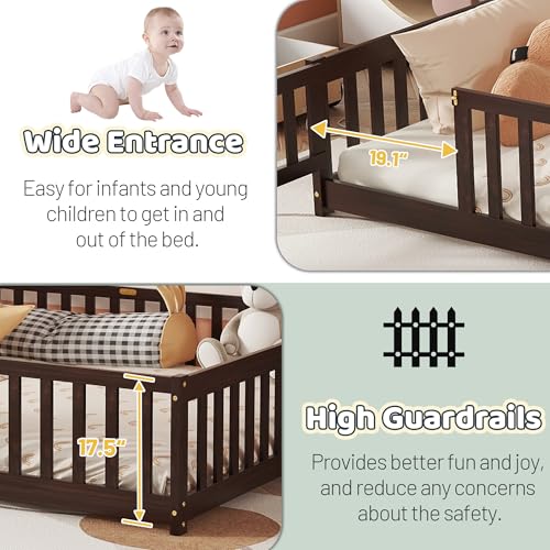 Queen Montessori Floor Bed with Safety Guardrails and Lockable Door