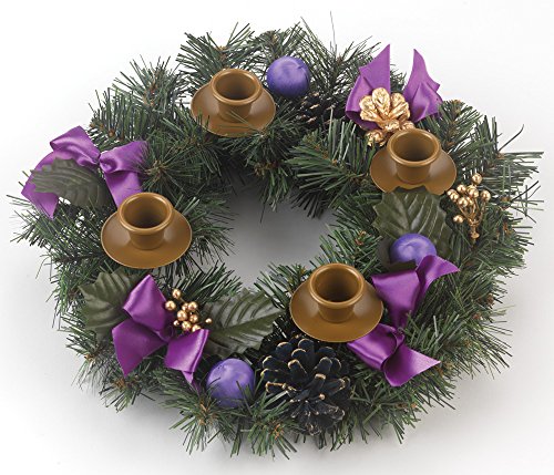 11-Inch Traditional Advent Wreath Candle Holder with Purple Ribbons
