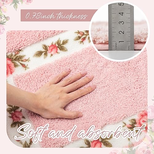 3-Piece Rose Floral Bathroom Rug Set, Non-Slip Pink Bath Mat & Toilet Cover