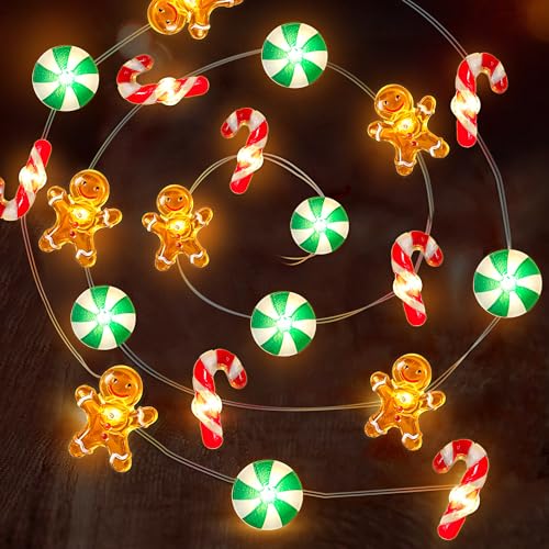 Mosoan Timer Christmas Lights 10 ft 30 LED Battery-Operated Candy Cane Gingerbread Snowflake String Lights (Style 1)
