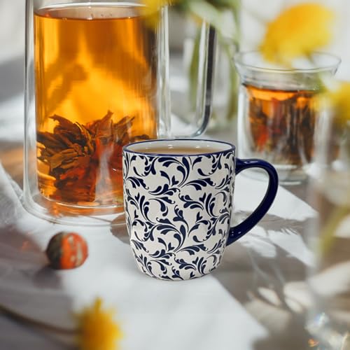 Schliersee 18 OZ Blue Geometric Porcelain Coffee Mug Set of 6 – Large Microwave Safe Drinkware