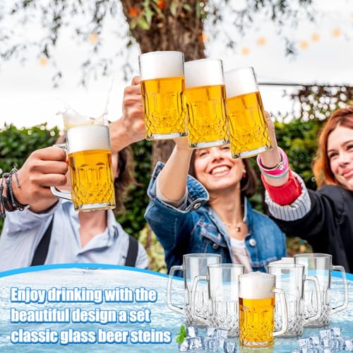 32 oz Glass Beer Mugs with Handles - Set of 6 Heavy Duty Beer Steins