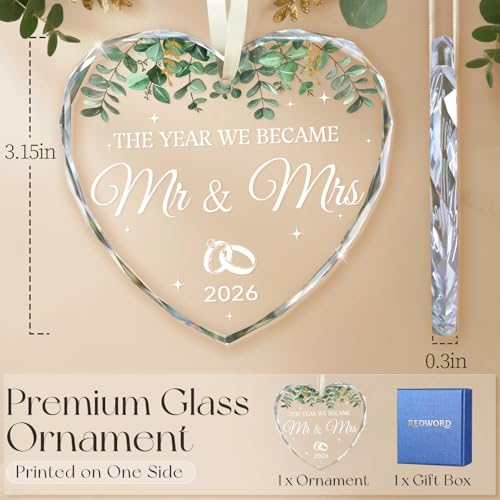 2026 Mr and Mrs Glass Wedding Ornament for Couples, Personalized Keepsake