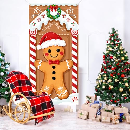 72in Christmas Gingerbread Door Cover, Fabric Banner Decor for Indoor/Outdoor Festive Front Door
