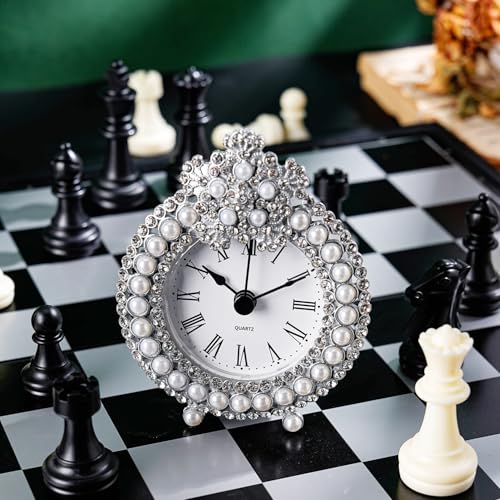 Vintage Metal Tabletop Clock with Rhinestones - Silent Battery Operated