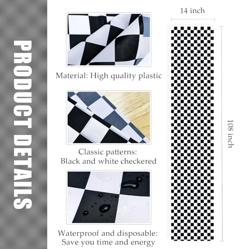 MUNILAIL 6 Pcs Black & White Checkered Plastic Table Runner – Disposable, 14 x 108 in