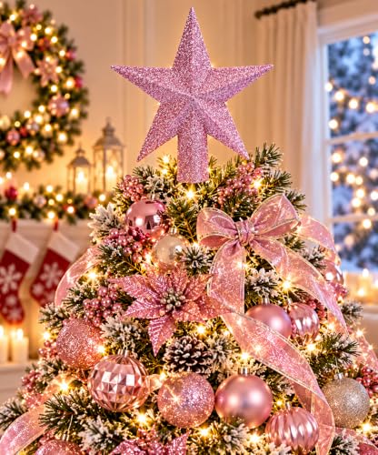 YYCRAFT 6 Inch Pink Glitter Star Tree Topper Christmas Decoration