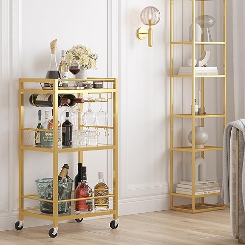 3-Tier Gold Bar Cart with Mirrored Shelves, Wine Rack, and Glass Holder