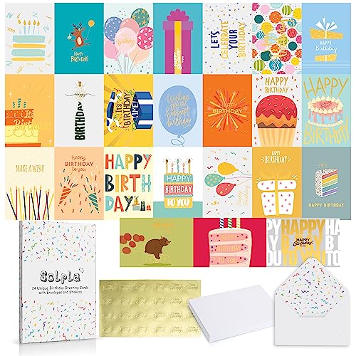 Solpla Gold Foil Birthday Cards Assortment, 24 Pack 4x6 Blank Cards with Envelopes and Stickers