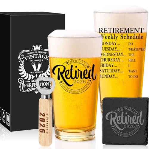 2026 Retirement Beer Glass Gift Set with Coaster and Bottle Opener
