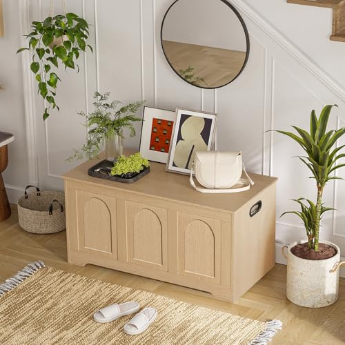 Wooden Storage Chest & Shoe Bench, 39.4-inch Lift-Top Trunk with Safety Hinges