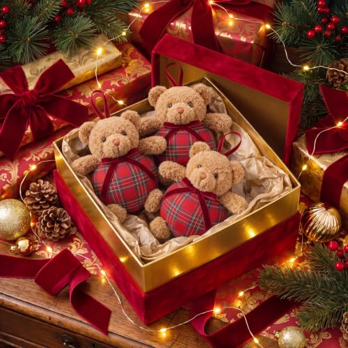 Resholder 16 Pack Christmas Plaid Bear Ornaments - 4in Red Plush Bears