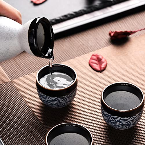 Gray Ceramic Sake Set of 7 with 1 Bottle & 6 Cups - Japanese Culture Gift
