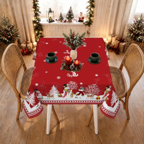 Yighty 70x70 Inch Red Snowman Christmas Tablecloth Waterproof Durable Holiday Decor