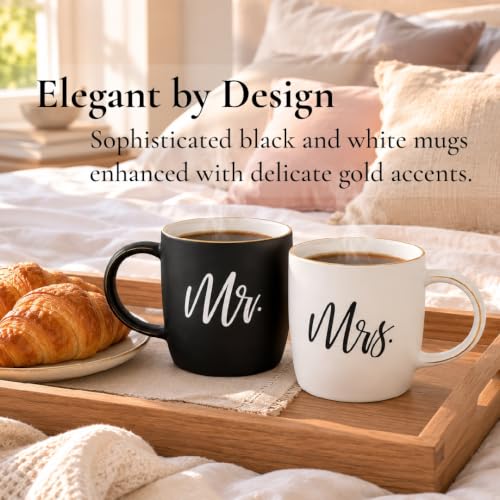 Couples Coffee Mugs Set - Mr. & Mrs. 13oz Ceramic Gift Box with Gold Details