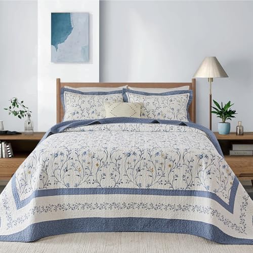 102"x120" Oversized Cotton Queen Quilt Set with 2 Shams - Reversible Floral & Stripe Design