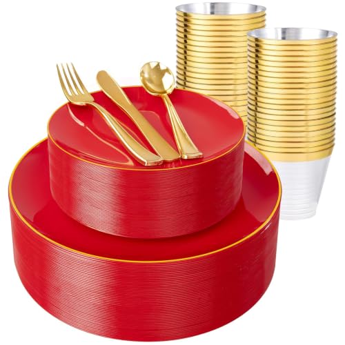 WDF Red Disposable Dinnerware Set for 25 Guests - Plates, Cups, Cutlery, Variant Red/150