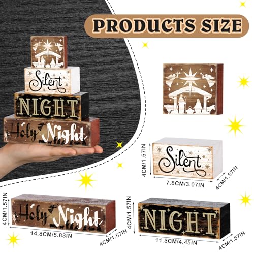 4-Piece Nativity Christmas Wooden Block Signs for Tiered Tray Decor