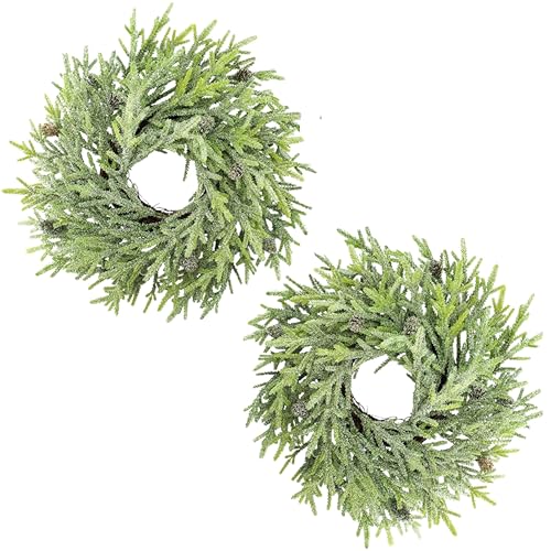 Artificial Christmas Wreaths 2-Pack, 14-Inch Flocked Greenery with Pinecones for Indoor/Outdoor Decor