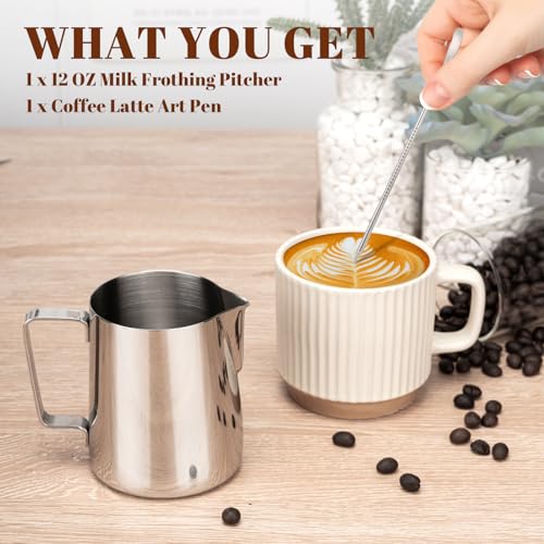 Stainless Steel Milk Frothing Pitcher 12oz with Latte Art Pen & Scale