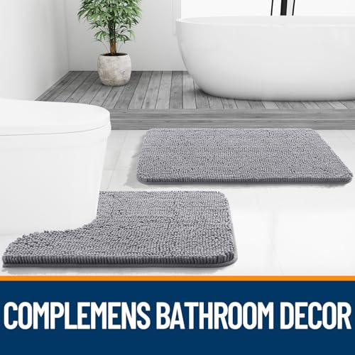OLANLY 2-Piece Chenille Bathroom Rug Set, Soft Absorbent Bath Mat & Contour Mat, Grey