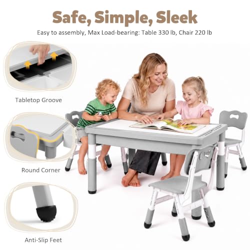 Kids Table and Chairs Set with Storage & Adjustable Height - Grey, 4 Chairs + 1 Table