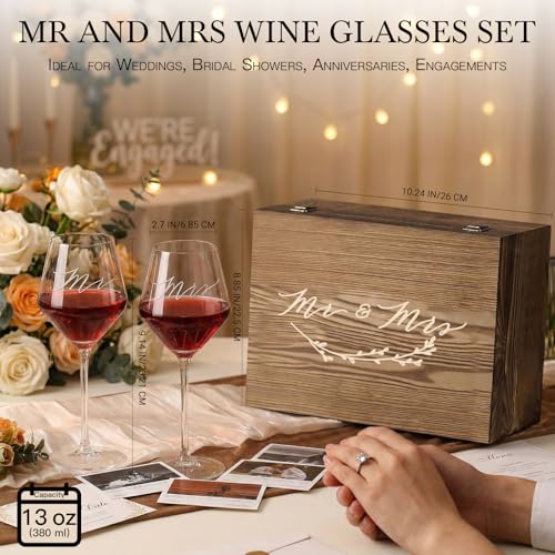 Mr & Mrs Engraved Wine Glasses with 5-Piece Accessory Kit & Wooden Gift Box - Wedding & Anniversary Gift Set